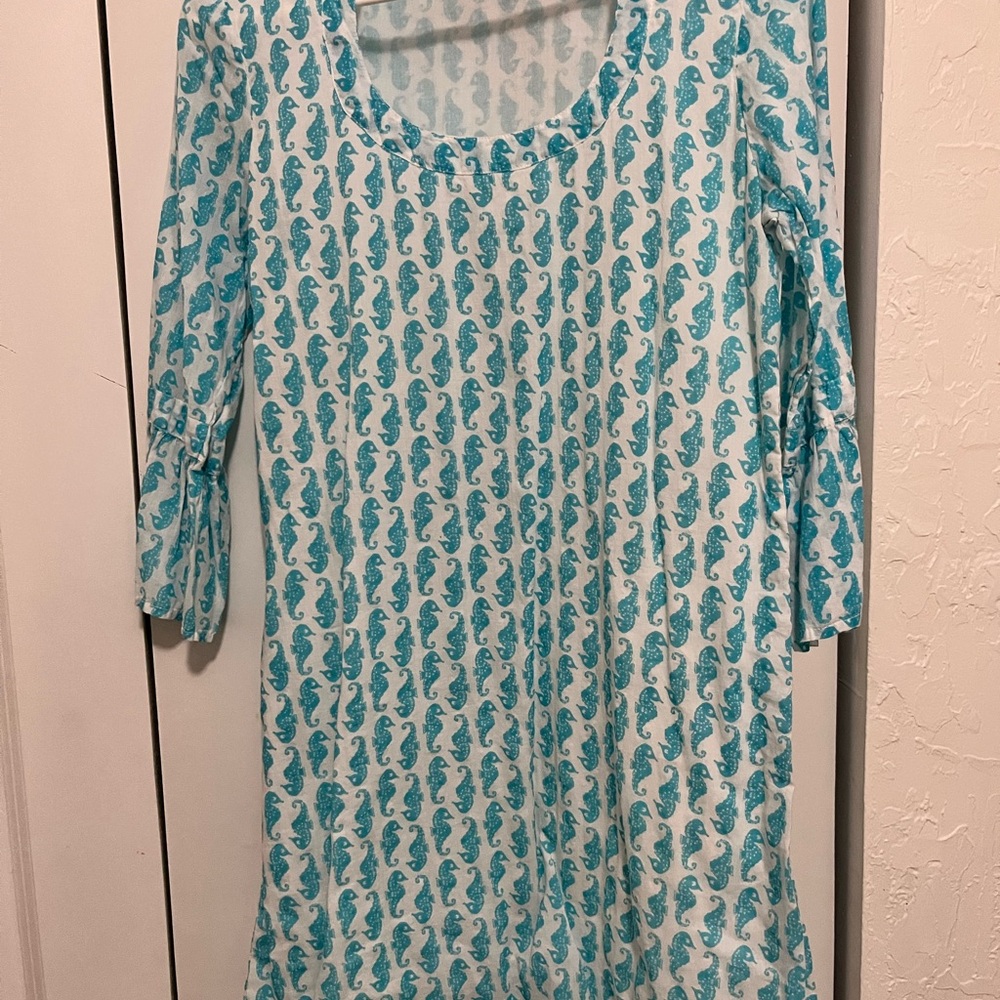 Aqua Seahorse Print Long Sleeve Dress